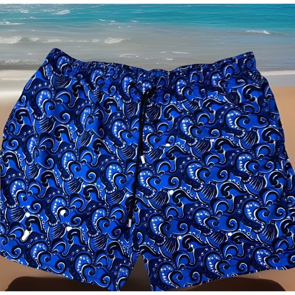 New Bugatchi Swim Shorts Mens 2X Blue Print Drawsring 7"  Mesh Bathing Suit